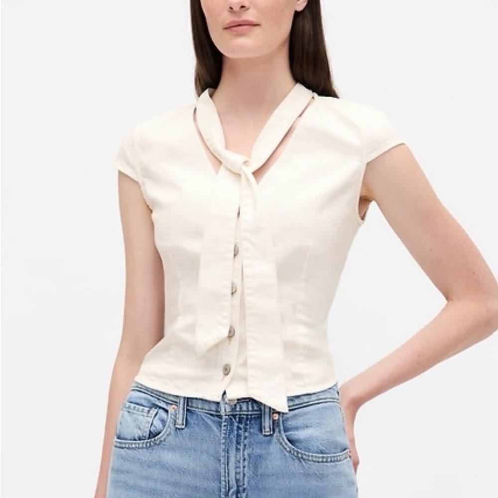 GAP Cream Tie-Neck Cap Sleeve Button Front Blouse - Picture 4 of 5
